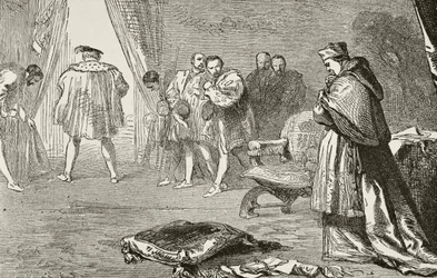 König Heinrich VIII. von England entlässt Kardinal Wolsey im Jahr 1529, aus 